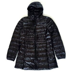 Black Quilted Puffer Coat Shimmery Hooded Mid Length Lightweight Coat S/M